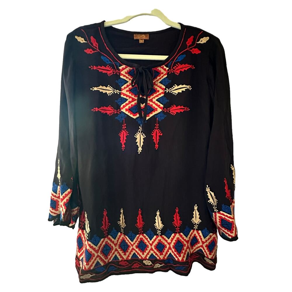 Scully | Size L Embroidered Bell Sleeve Tie Front Shirt Boho Western Bohemian